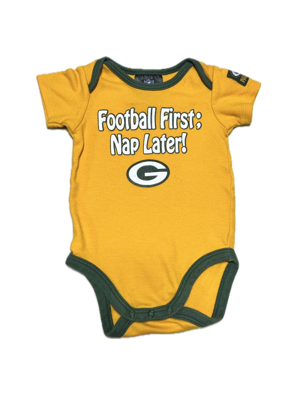 NFL Green Bay Gold and Green 'Football First; Nap Later!' Baby Bodysuit
